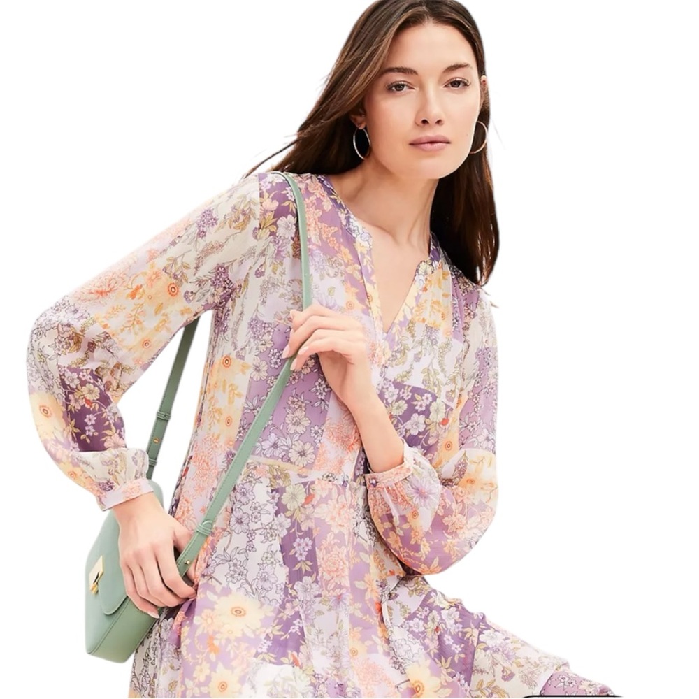 NWT LOFT Women’s Medium Floral Godet Split Neck Swing Dress Purple - Picture 2 of 14